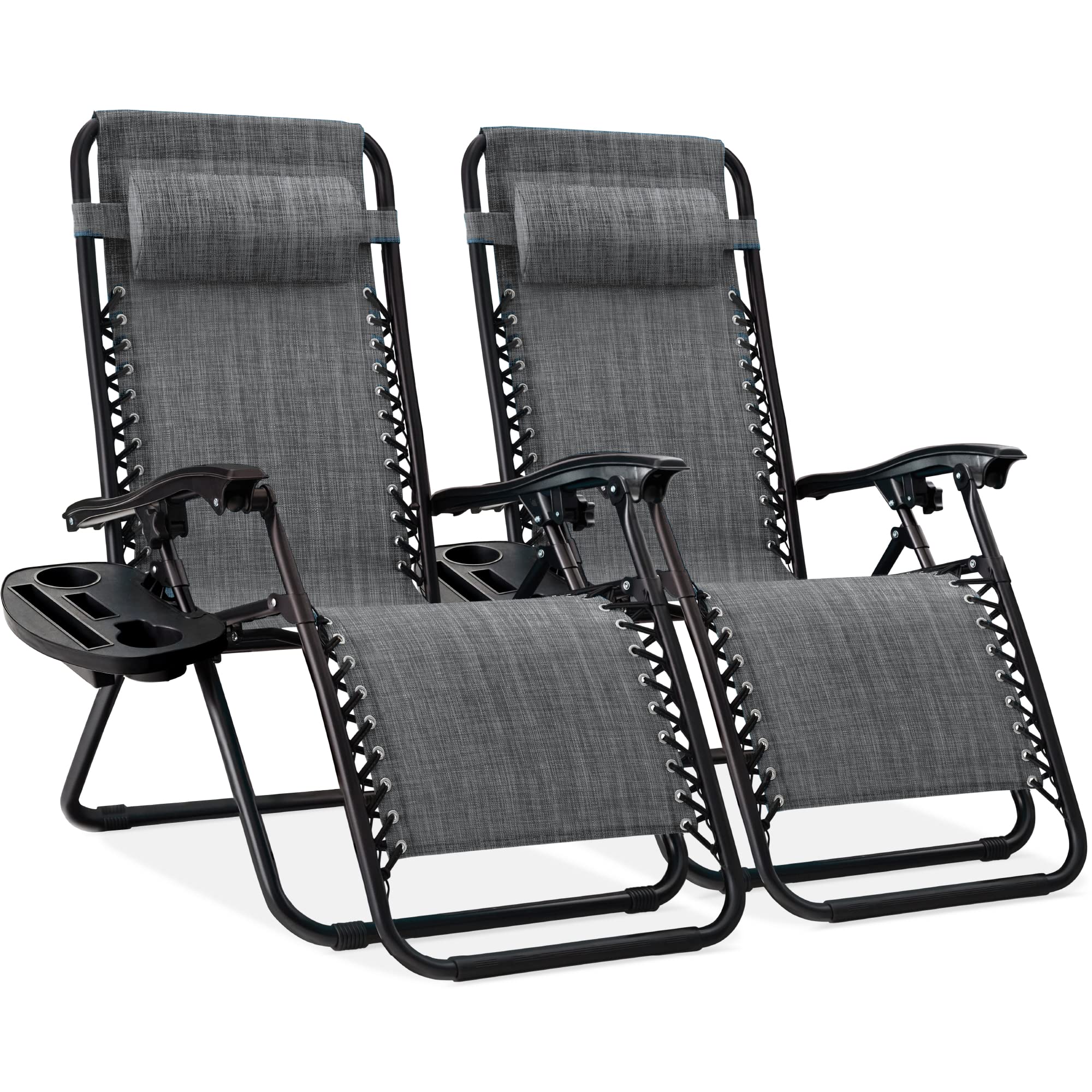 Best Choice Products Set of 2 Adjustable Steel Mesh Zero Gravity Lounge Chair Recliners w/Pillows and Cup Holder Trays, Gray Grey